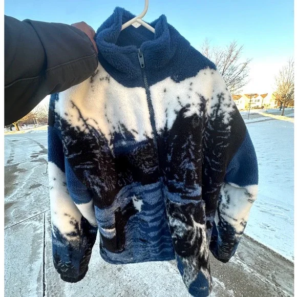 Zara Wolf Landscape Design‎ Borg Teddy Mock Neck Full Zip Fleece Jacket Size M - Picture 14 of 15